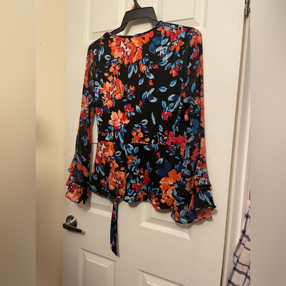 PerSeption Concept Black Wrap Blouse with Orange and Blue Floral Print - Picture 5 of 7